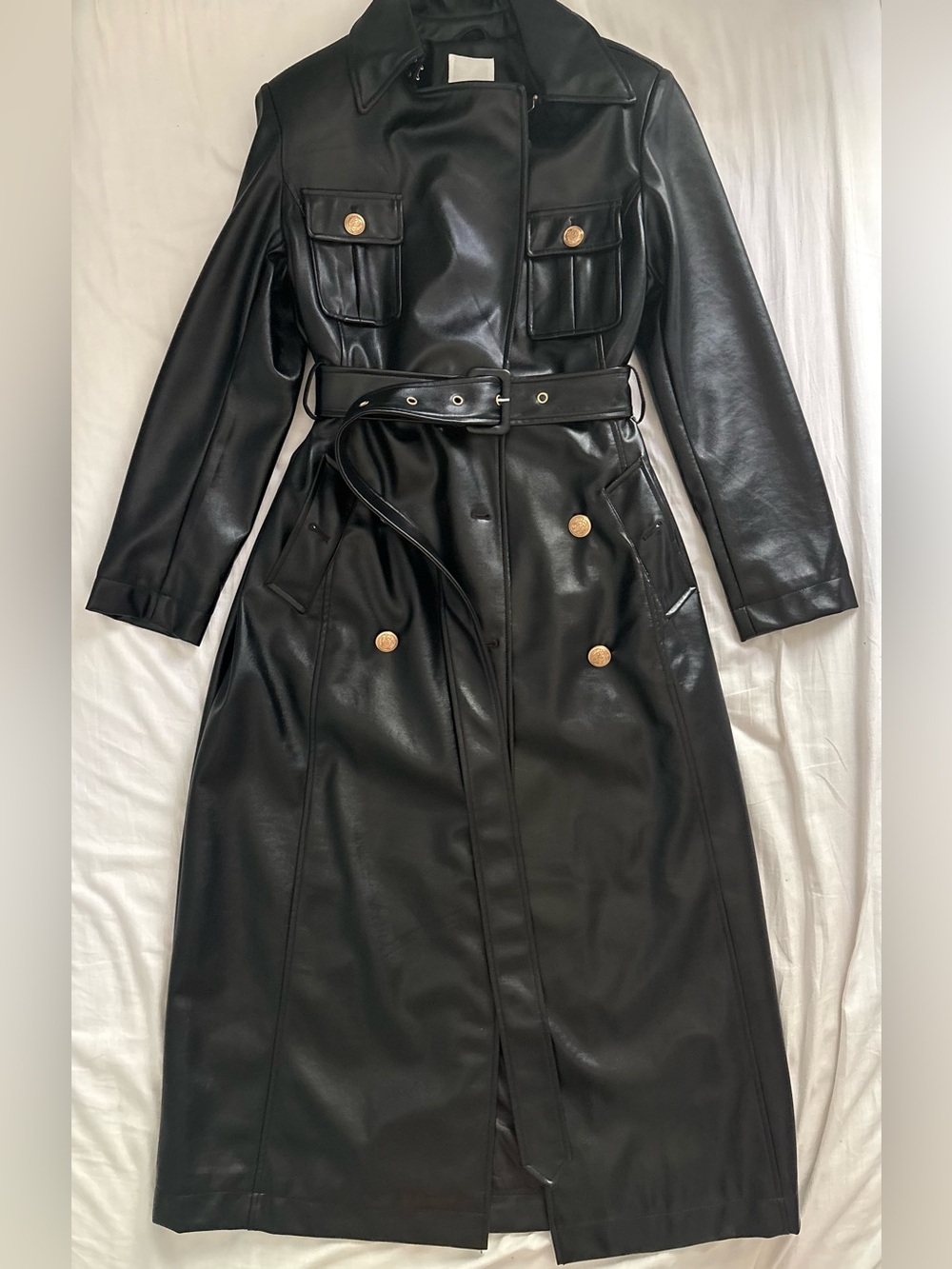 Avec Les Filles Black Faux Leather Belted Trench Coat with Gold Buttons